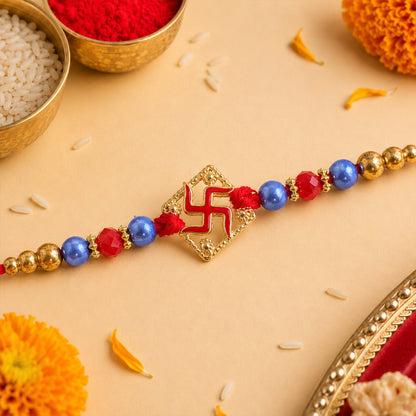 Swastik Beaded Rakhi with Traditional Pearl Accent Center Design