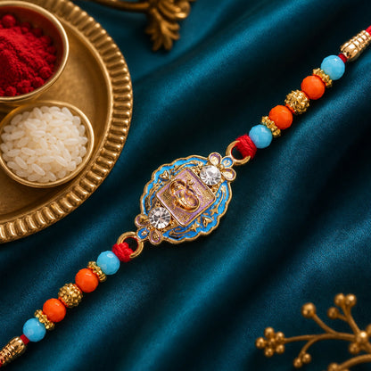 Round Ganesha Motif Stone Rakhi with Pearl Beads and Sacred Center Detail