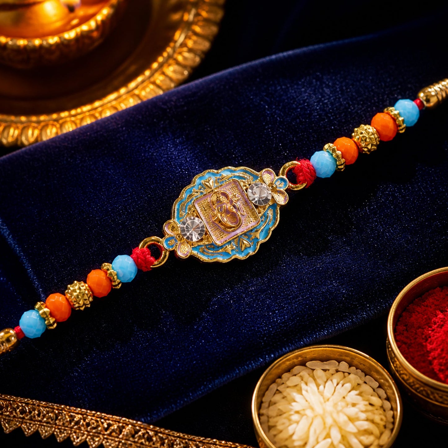 Round Ganesha Motif Stone Rakhi with Pearl Beads and Sacred Center Detail