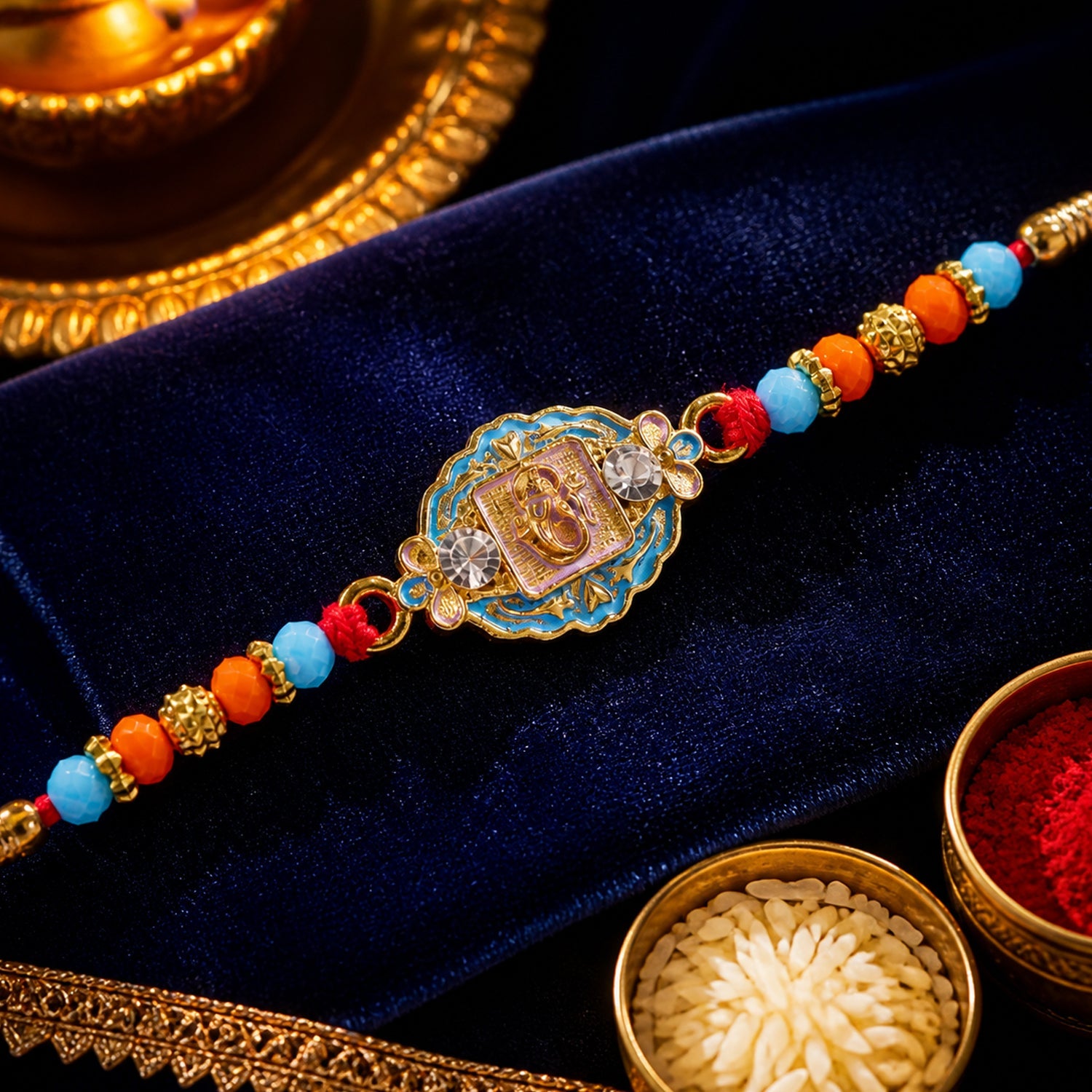 Round Ganesha Motif Stone Rakhi with Pearl Beads and Sacred Center Detail
