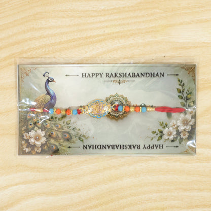 Round Ganesha Motif Stone Rakhi with Pearl Beads and Sacred Center Detail