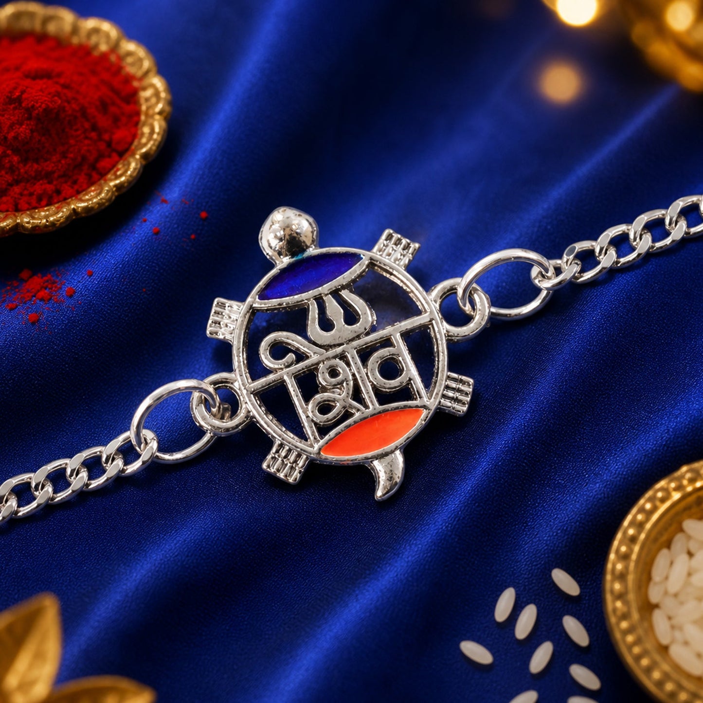 Trishul Damru Chain Rakhi with Mahadev Inspired Center Detail
