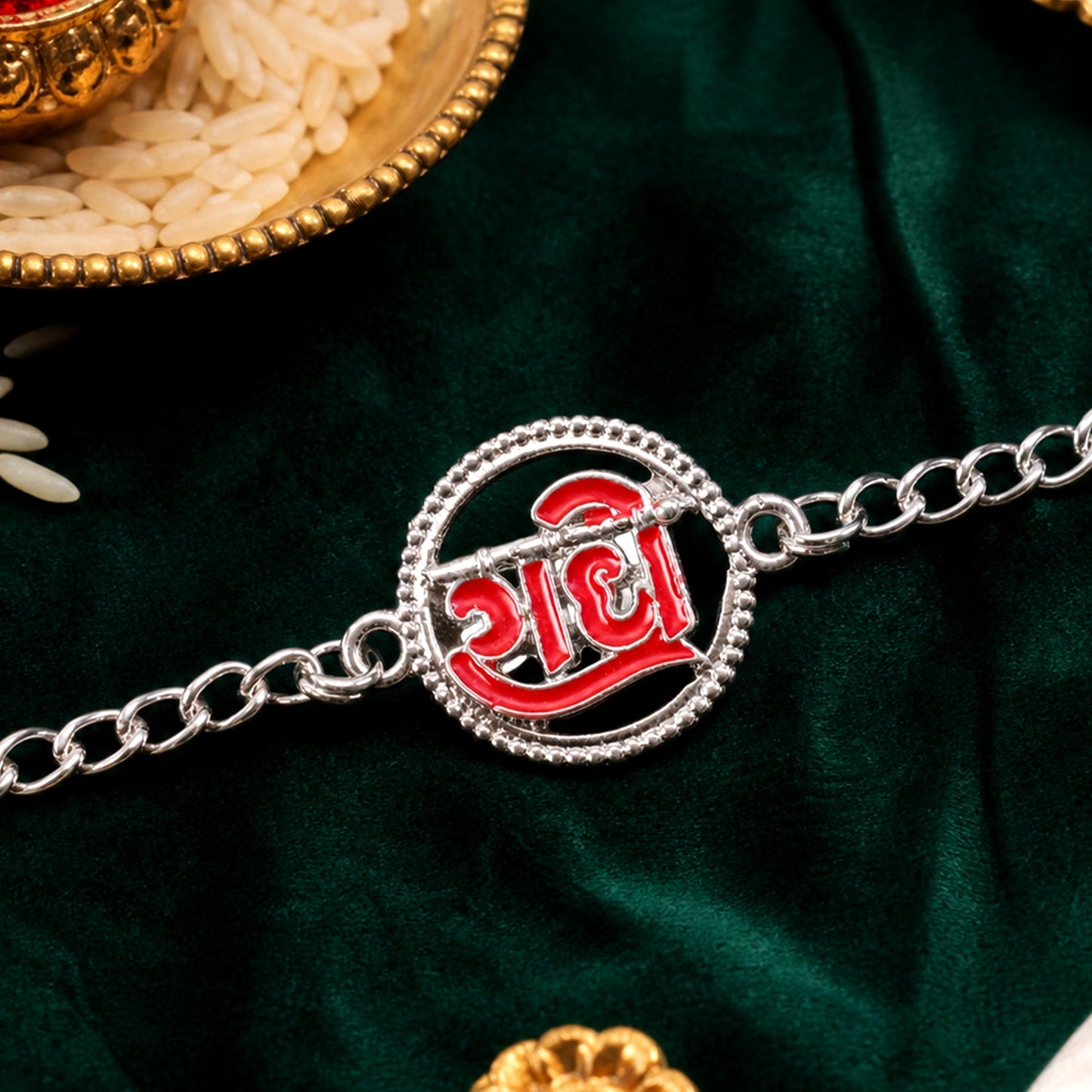 Radhe Motif Chain Rakhi with Traditional Sacred Center Design