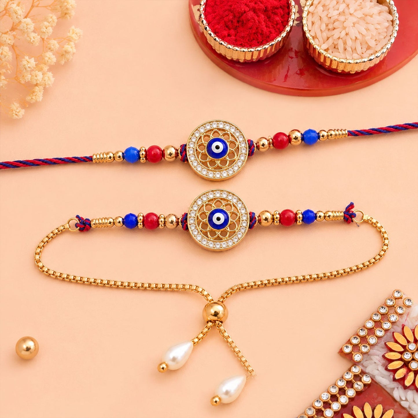 Premium Evil Eye Bhai Bhabhi Lumba Rakhi with Pearl Drop Detail