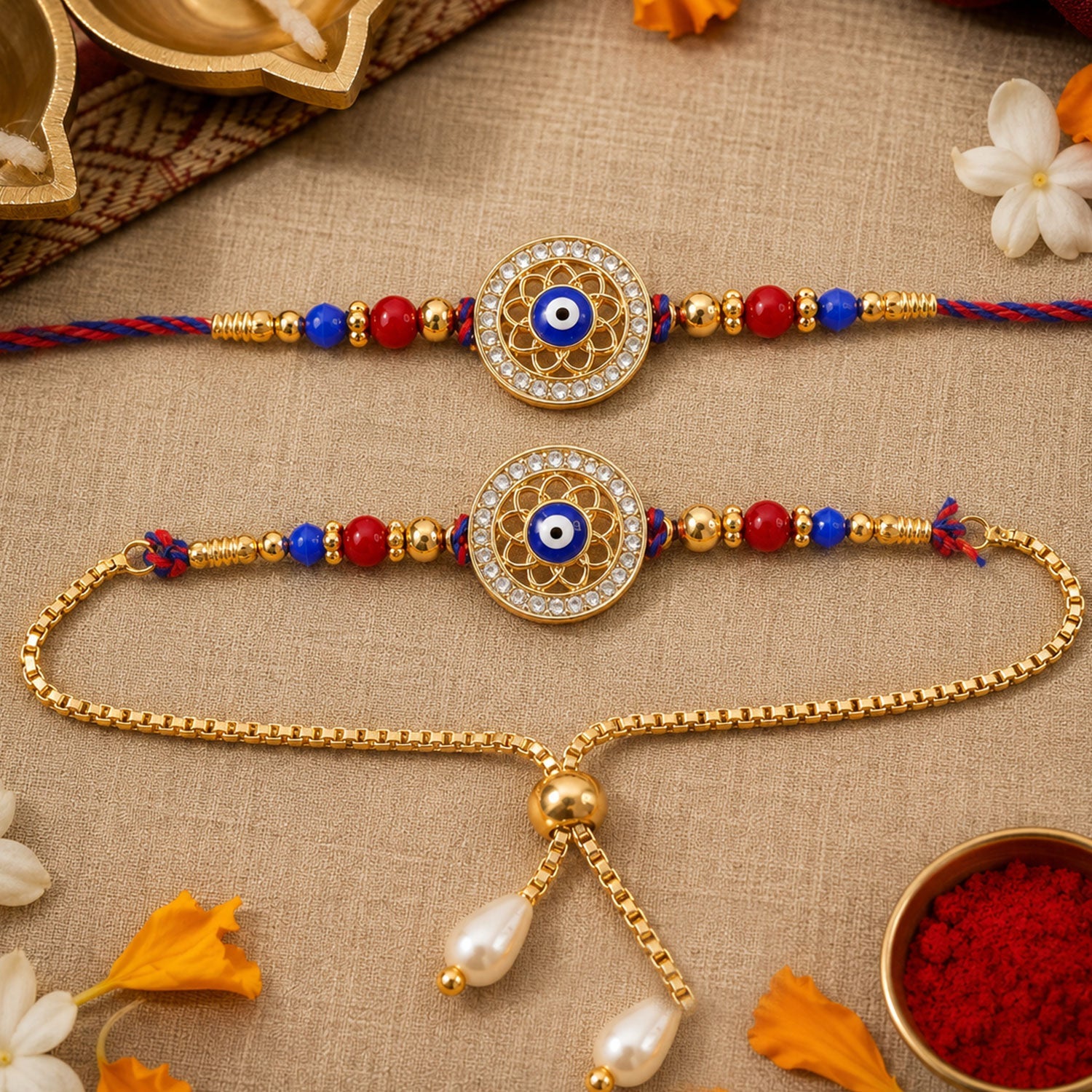 Premium Evil Eye Bhai Bhabhi Lumba Rakhi with Pearl Drop Detail