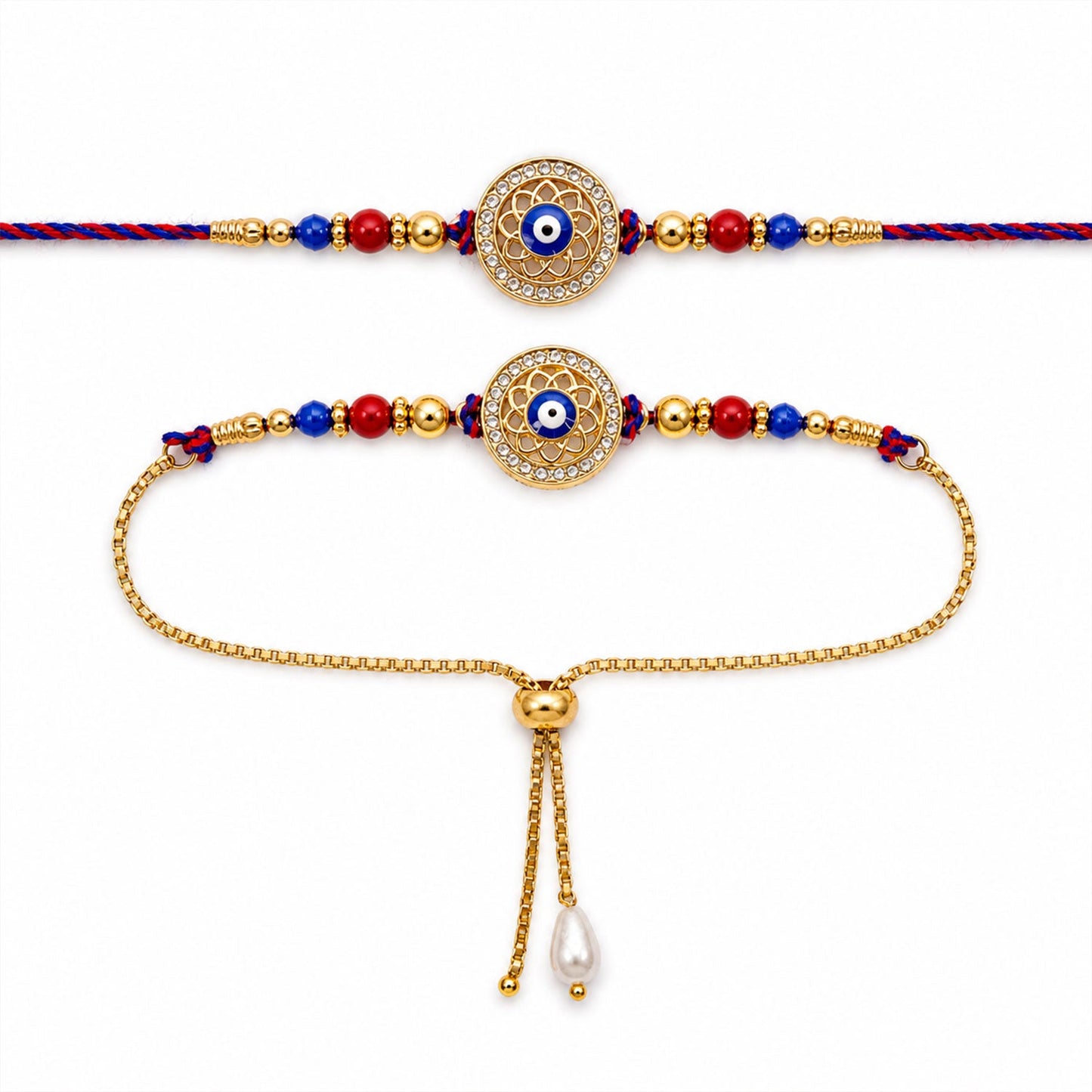Premium Evil Eye Bhai Bhabhi Lumba Rakhi with Pearl Drop Detail