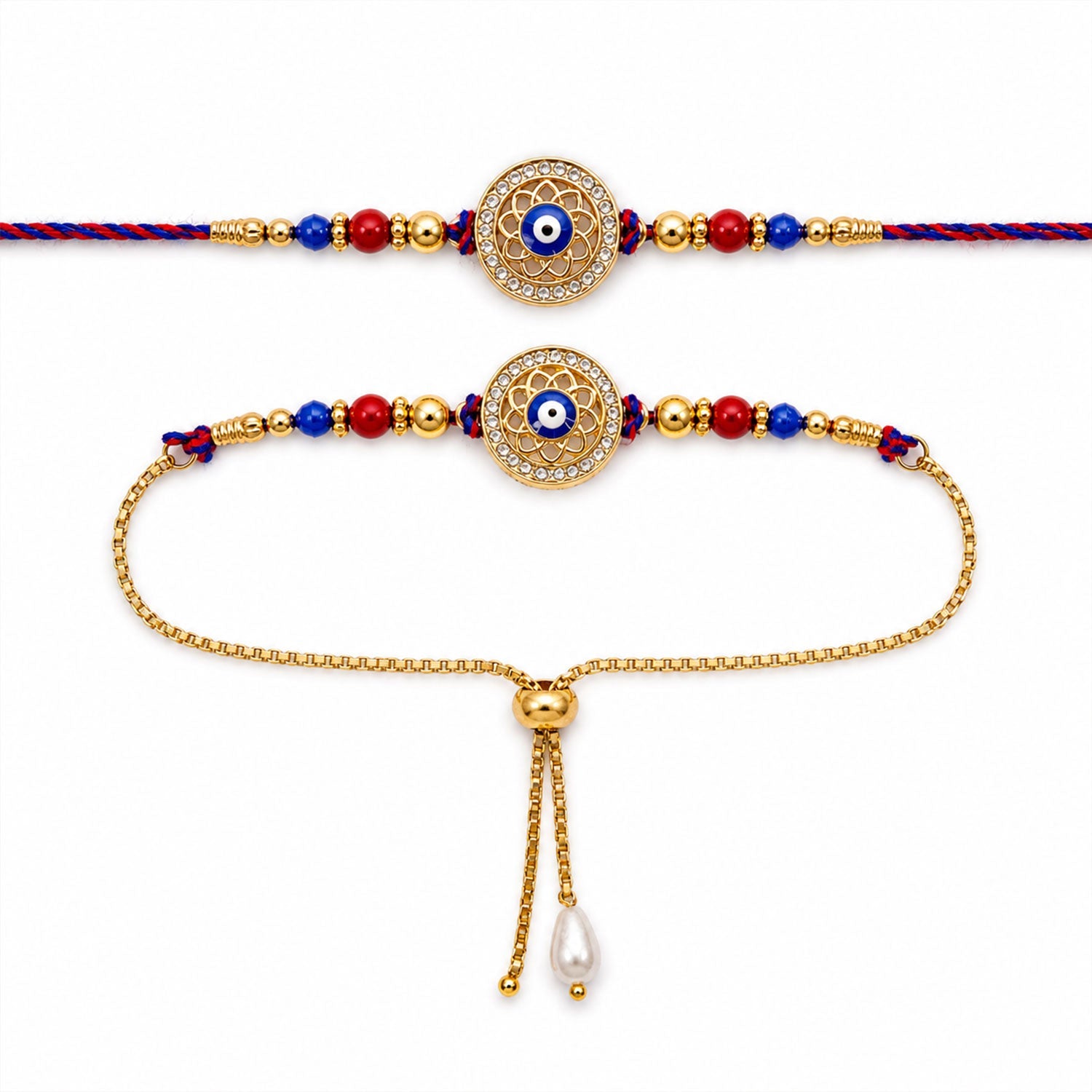 Premium Evil Eye Bhai Bhabhi Lumba Rakhi with Pearl Drop Detail
