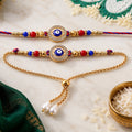 Premium Evil Eye Bhai Bhabhi Lumba Rakhi with Beaded Drop Design