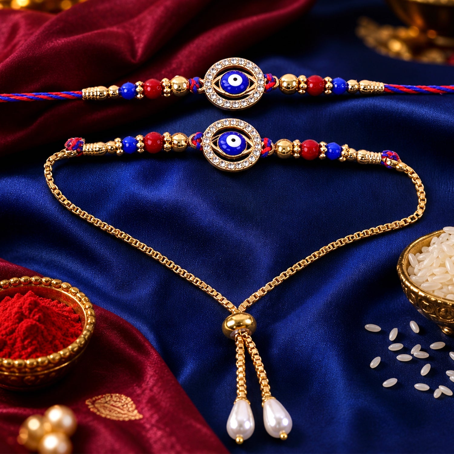 Premium Evil Eye Bhai Bhabhi Lumba Rakhi with Beaded Drop Design