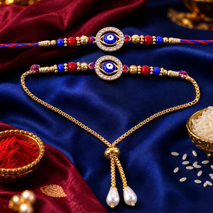 Premium Evil Eye Bhai Bhabhi Lumba Rakhi with Beaded Drop Design