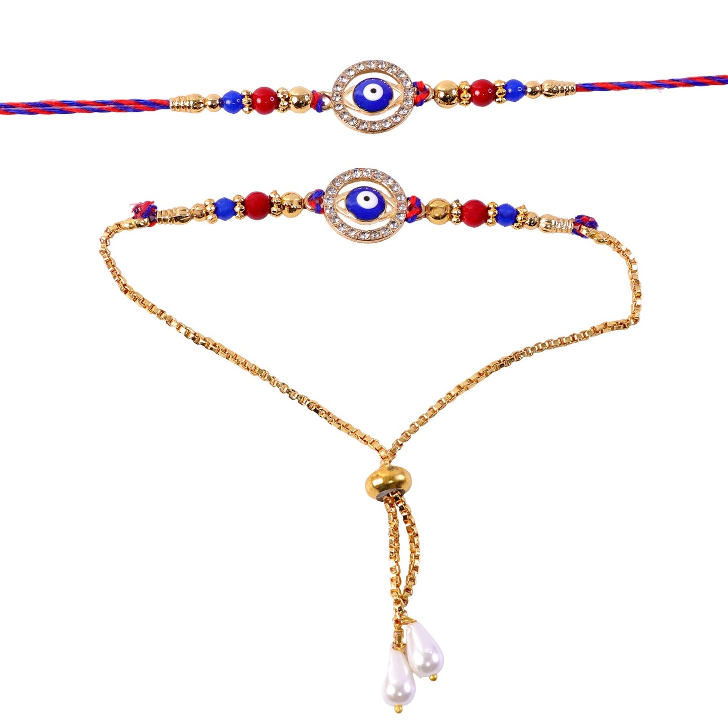 Premium Evil Eye Bhai Bhabhi Lumba Rakhi with Beaded Drop Design