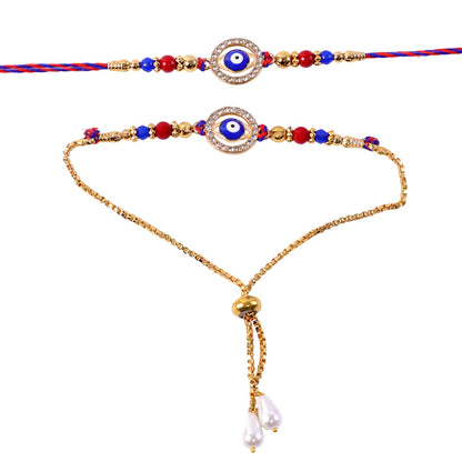 Premium Evil Eye Bhai Bhabhi Lumba Rakhi with Beaded Drop Design