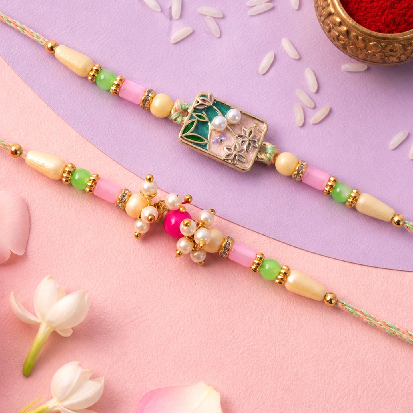Premium Floral Bhai Bhabhi Lumba Rakhi with Pearl Hanging rakhi