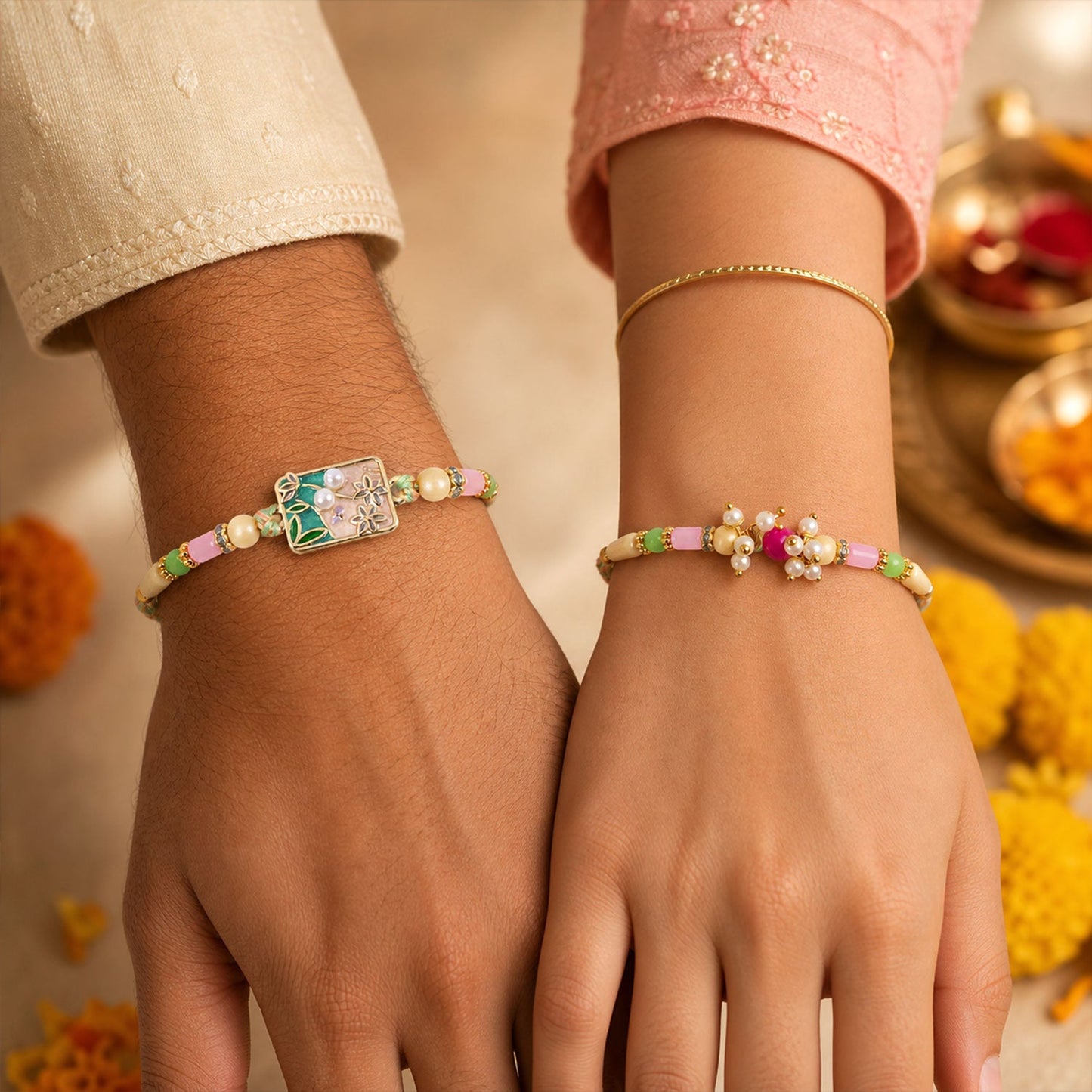 Premium Floral Bhai Bhabhi Lumba Rakhi with Pearl Hanging rakhi
