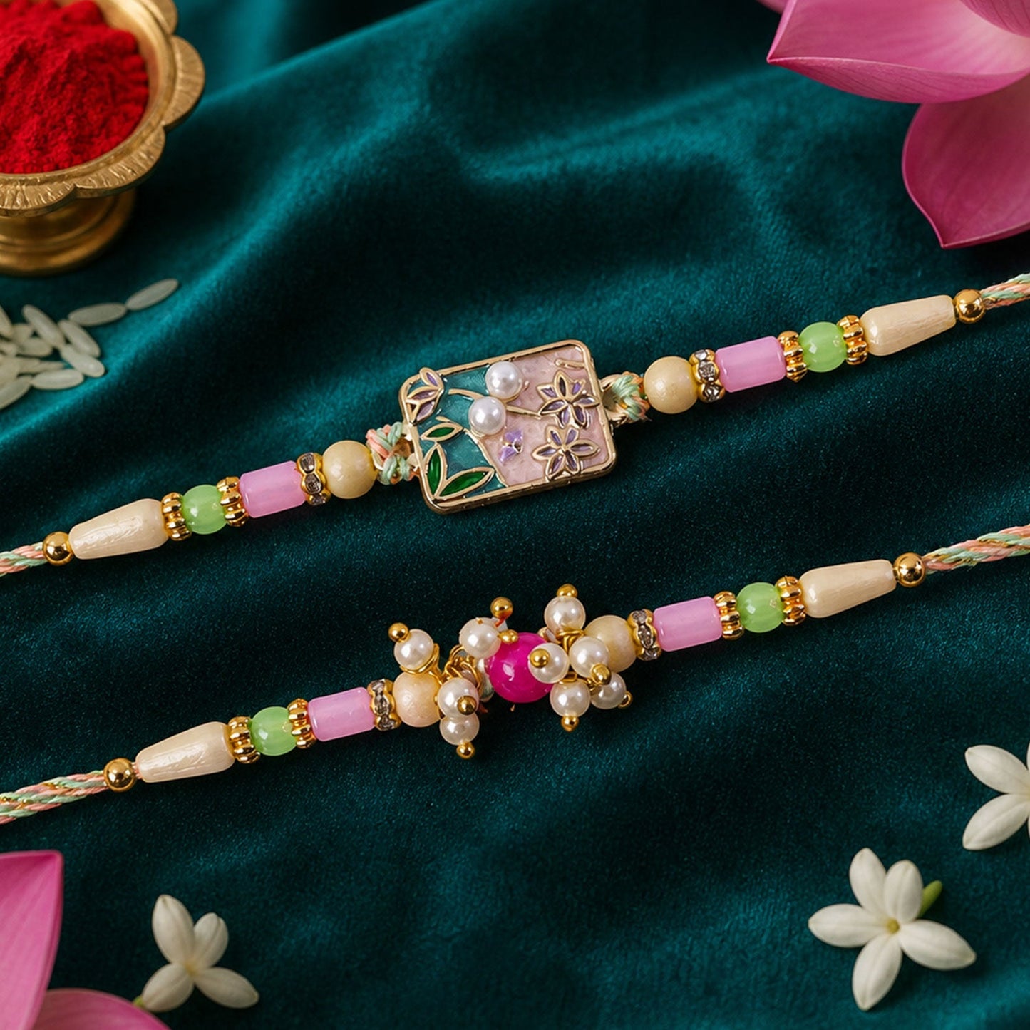 Premium Floral Bhai Bhabhi Lumba Rakhi with Pearl Hanging rakhi