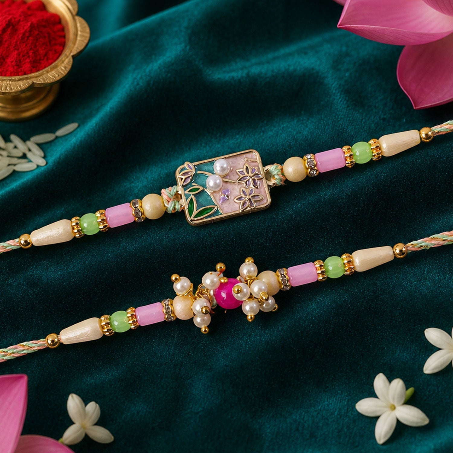 Premium Floral Bhai Bhabhi Lumba Rakhi with Pearl Hanging rakhi