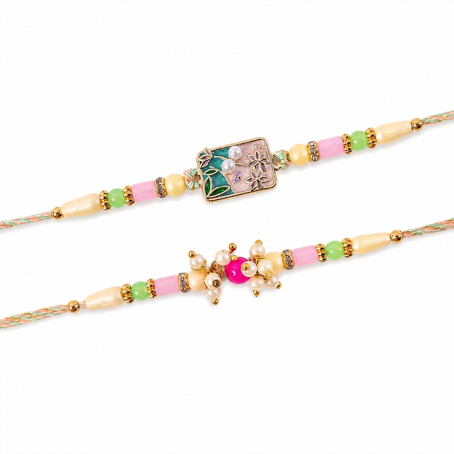 Premium Floral Bhai Bhabhi Lumba Rakhi with Pearl Hanging rakhi