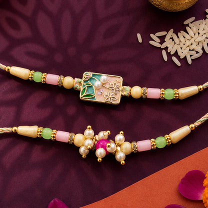 Premium Floral Bhai Bhabhi Lumba Rakhi with Pearl Hanging rakhi