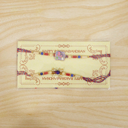 Premium Square Stone Bhai Bhabhi Lumba Rakhi with Pearl Drop Detail