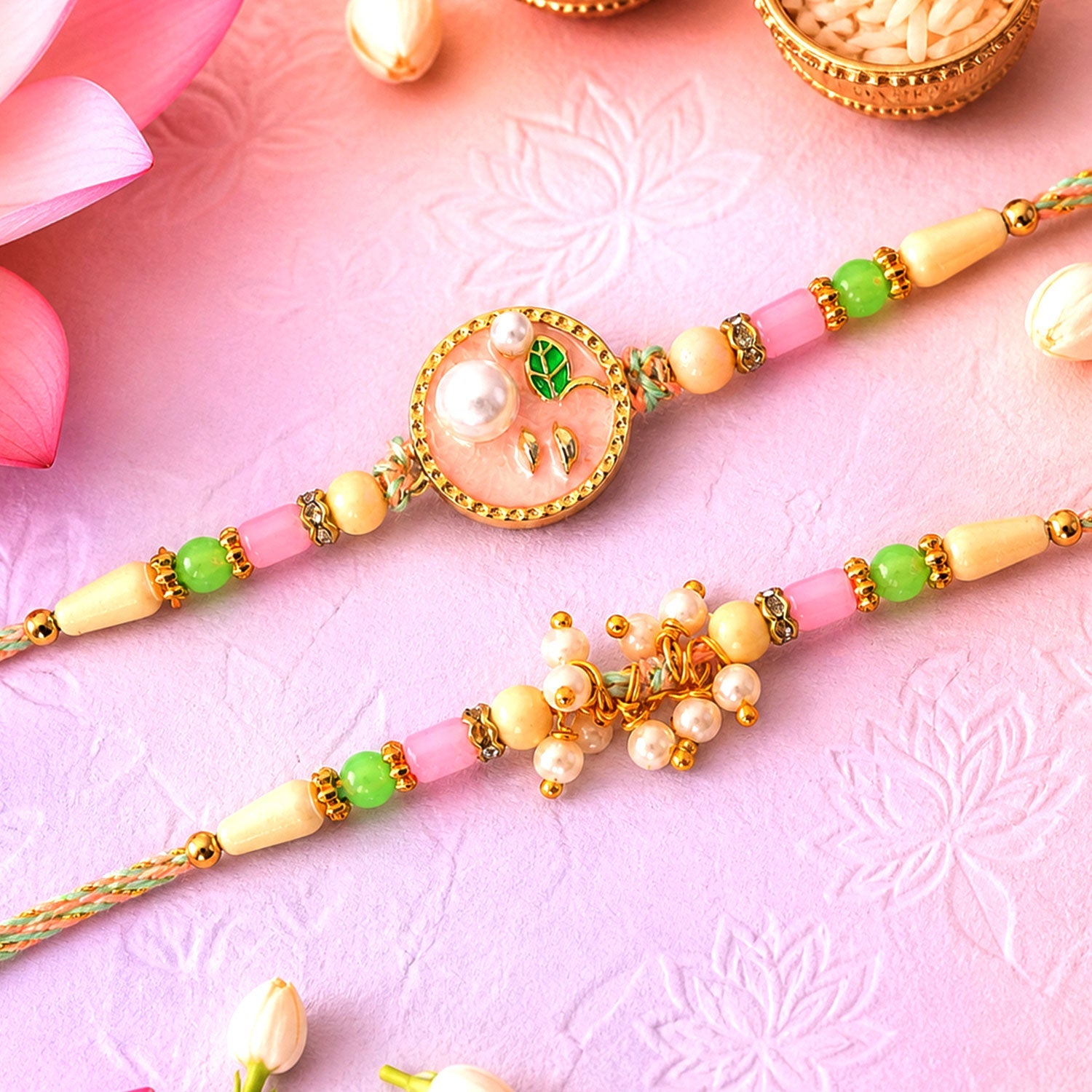 Premium Round Charm Bhai Bhabhi Lumba Rakhi with Pearl Hanging