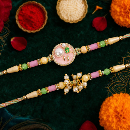 Premium Round Charm Bhai Bhabhi Lumba Rakhi with Pearl Hanging