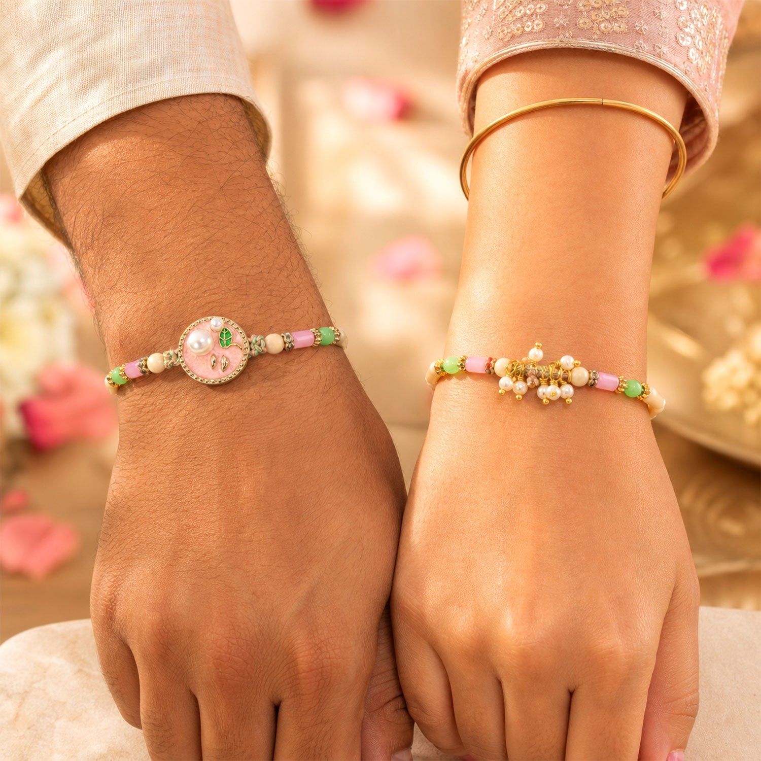 Premium Round Charm Bhai Bhabhi Lumba Rakhi with Pearl Hanging