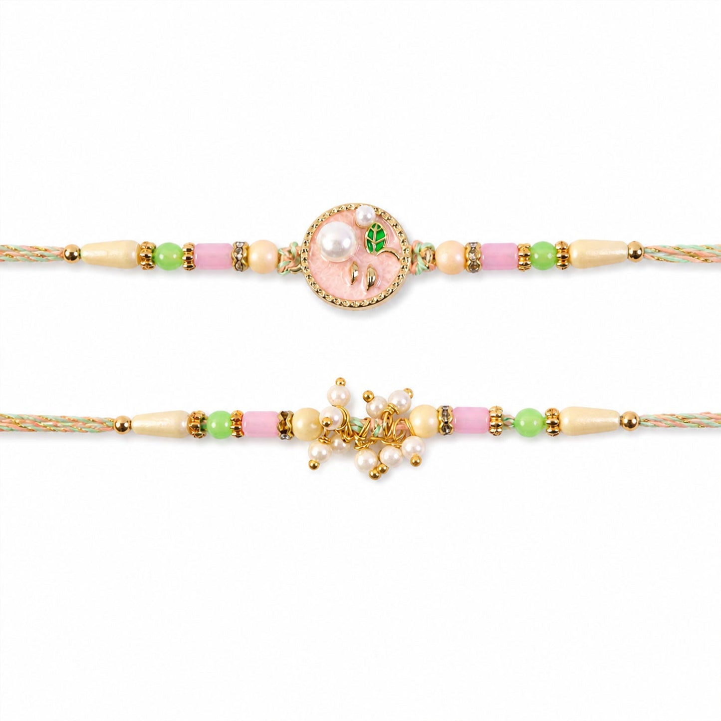 Premium Round Charm Bhai Bhabhi Lumba Rakhi with Pearl Hanging