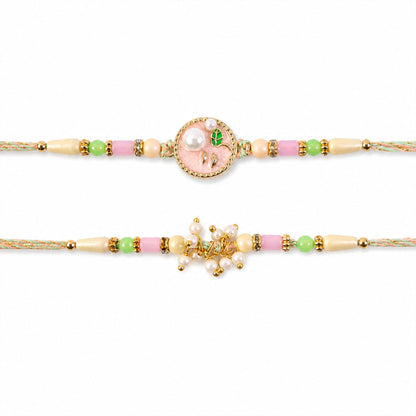 Premium Round Charm Bhai Bhabhi Lumba Rakhi with Pearl Hanging