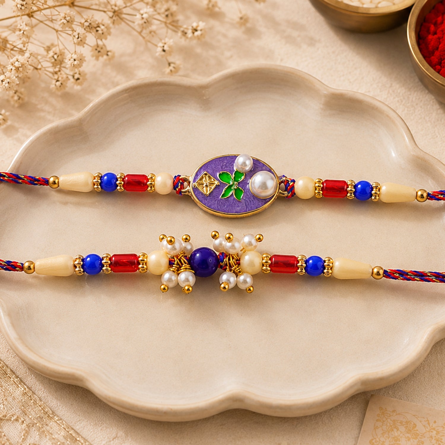 Premium Oval Stone Bhai Bhabhi Lumba Rakhi with Beaded Drop Detail