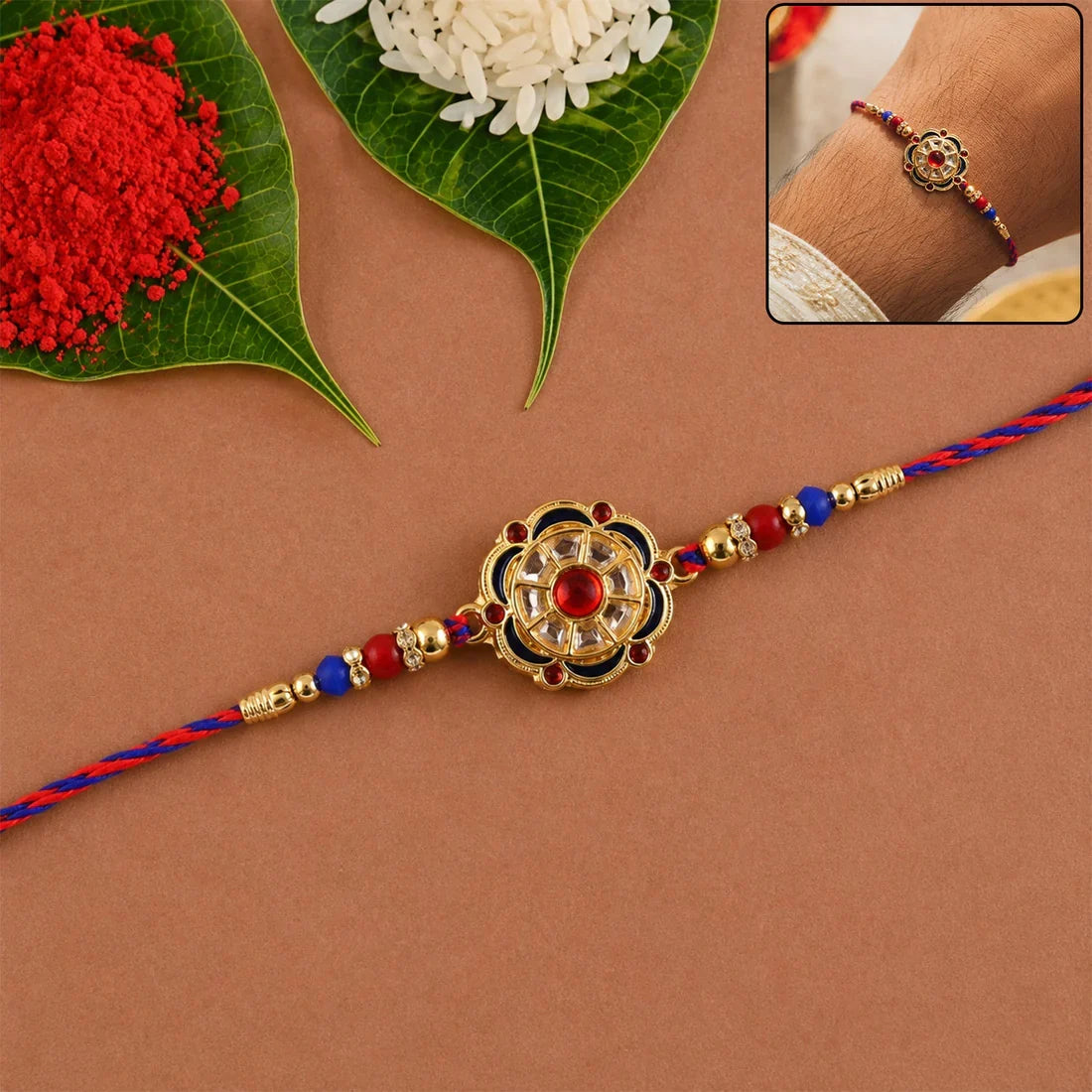 Floral Charm, Lord Krishna & Meenakari Peacock Beads Rakhi for Brother (3 Pc Set)
