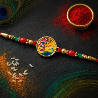 Floral Charm, Lord Krishna & Meenakari Peacock Beads Rakhi for Brother (3 Pc Set)