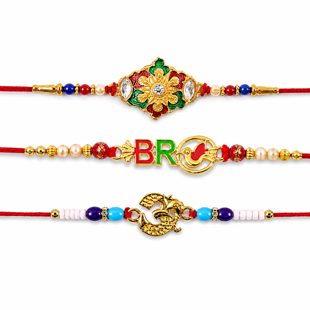Om Symbol Beaded, Color Pop Bro & Elegant Designer Rakhi for Brother (3 Pc Set)