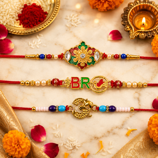 Om Symbol Beaded, Color Pop Bro & Elegant Designer Rakhi for Brother (3 Pc Set)