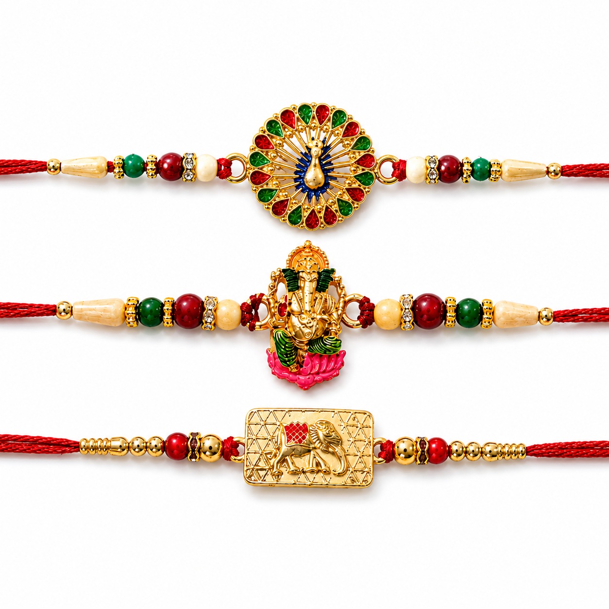 Vinayak Vrat, Lord Ganesha Wooden Beads & Golden Hathi Rakhi for Brother (3 Pc)