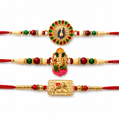 Vinayak Vrat, Lord Ganesha Wooden Beads & Golden Hathi Rakhi for Brother (3 Pc)