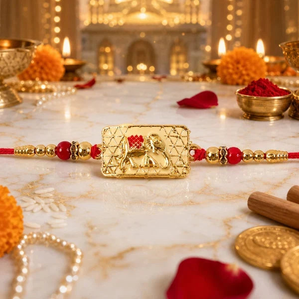 Vinayak Vrat, Lord Ganesha Wooden Beads & Golden Hathi Rakhi for Brother (3 Pc)