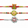 Meenakari Om Twin Peacock, Round Shape & Floral Om Rakhi for Brother (3 Pc Set)