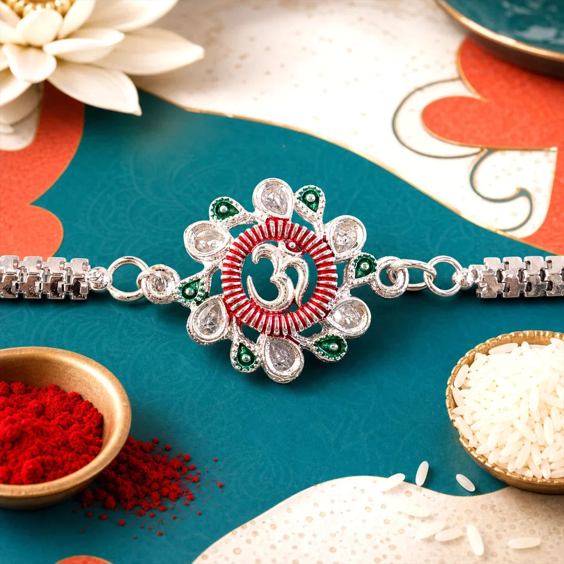 Meenakari Om Twin Peacock, Round Shape & Floral Om Rakhi for Brother (3 Pc Set)