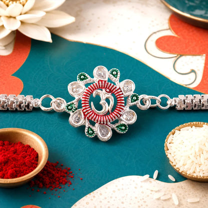Meenakari Om Twin Peacock, Round Shape & Floral Om Rakhi for Brother (3 Pc Set)