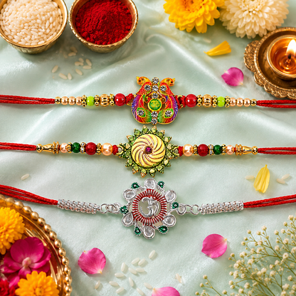 Meenakari Om Twin Peacock, Round Shape & Floral Om Rakhi for Brother (3 Pc Set)