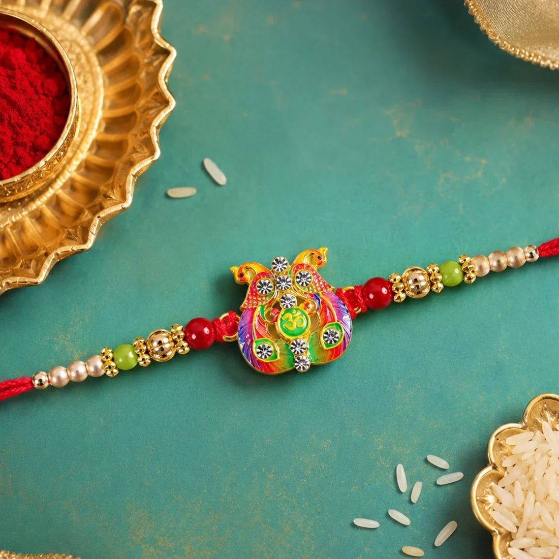 Meenakari Om Twin Peacock, Round Shape & Floral Om Rakhi for Brother (3 Pc Set)