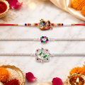 Lord Krishna Radha, Colorful Flower & Ganesh Chain Rakhi for Brother (3 Pc Set)