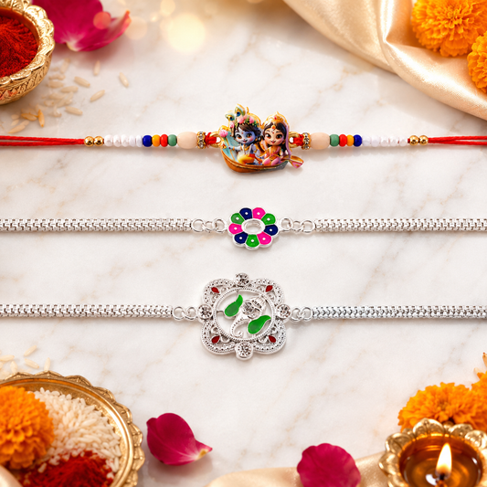 Lord Krishna Radha, Colorful Flower & Ganesh Chain Rakhi for Brother (3 Pc Set)