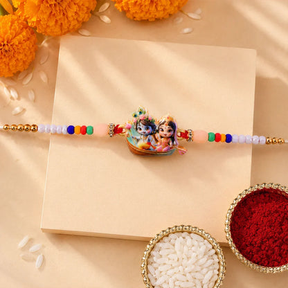 Lord Krishna Radha, Colorful Flower & Ganesh Chain Rakhi for Brother (3 Pc Set)