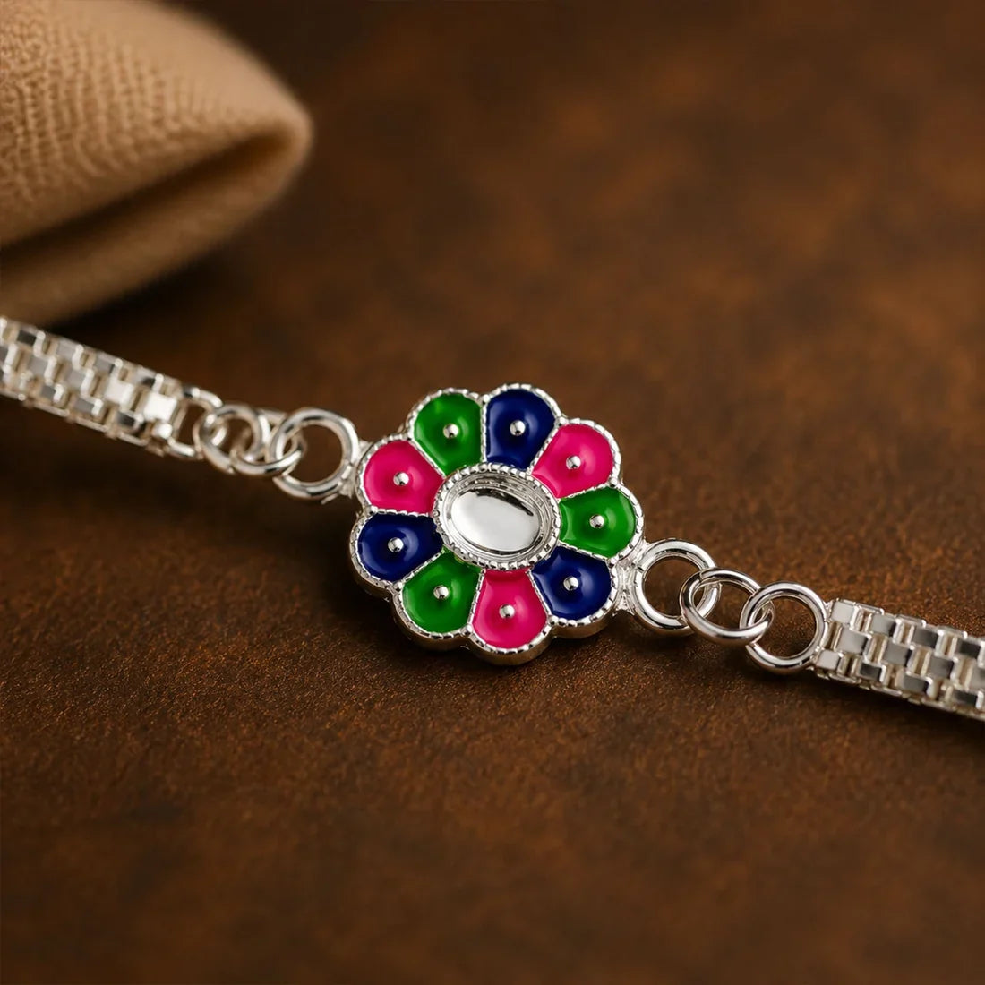 Lord Krishna Radha, Colorful Flower & Ganesh Chain Rakhi for Brother (3 Pc Set)