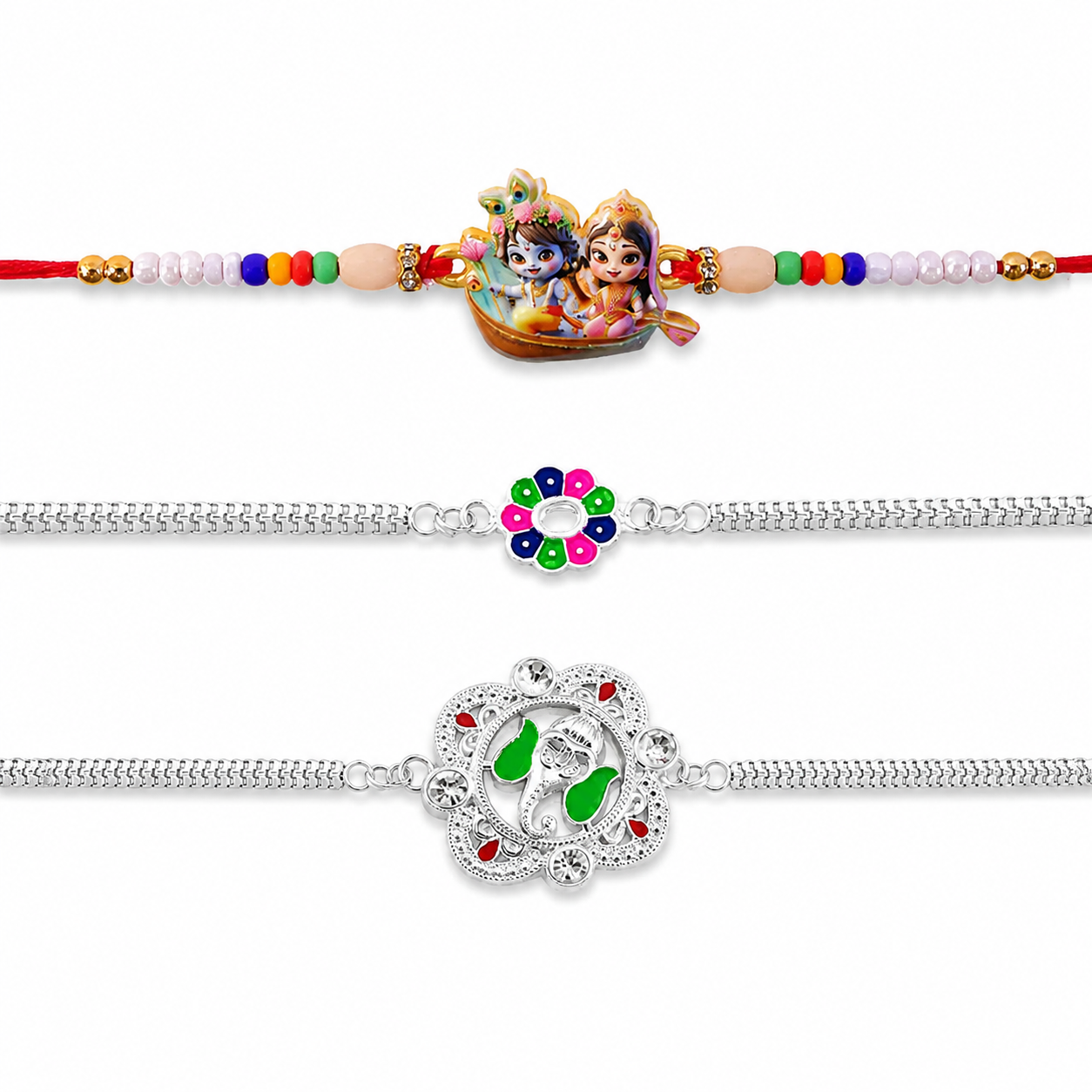 Lord Krishna Radha, Colorful Flower & Ganesh Chain Rakhi for Brother (3 Pc Set)