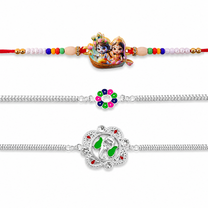 Lord Krishna Radha, Colorful Flower & Ganesh Chain Rakhi for Brother (3 Pc Set)