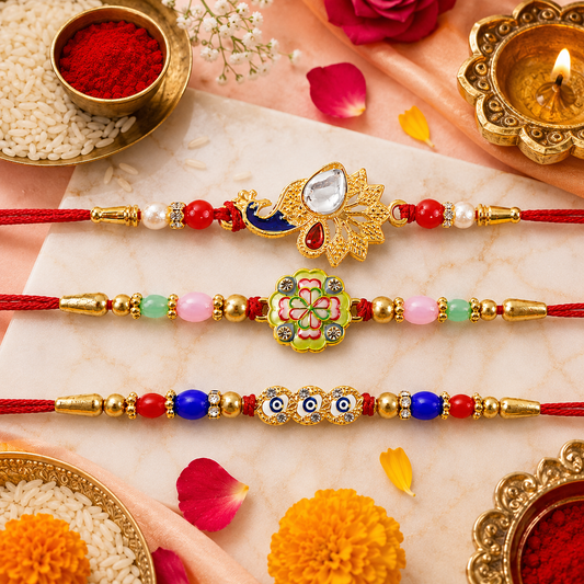 Peacock Feather, Floral Clover Charm & Evil Eye Stone Rakhi for Brother (3 Pc)