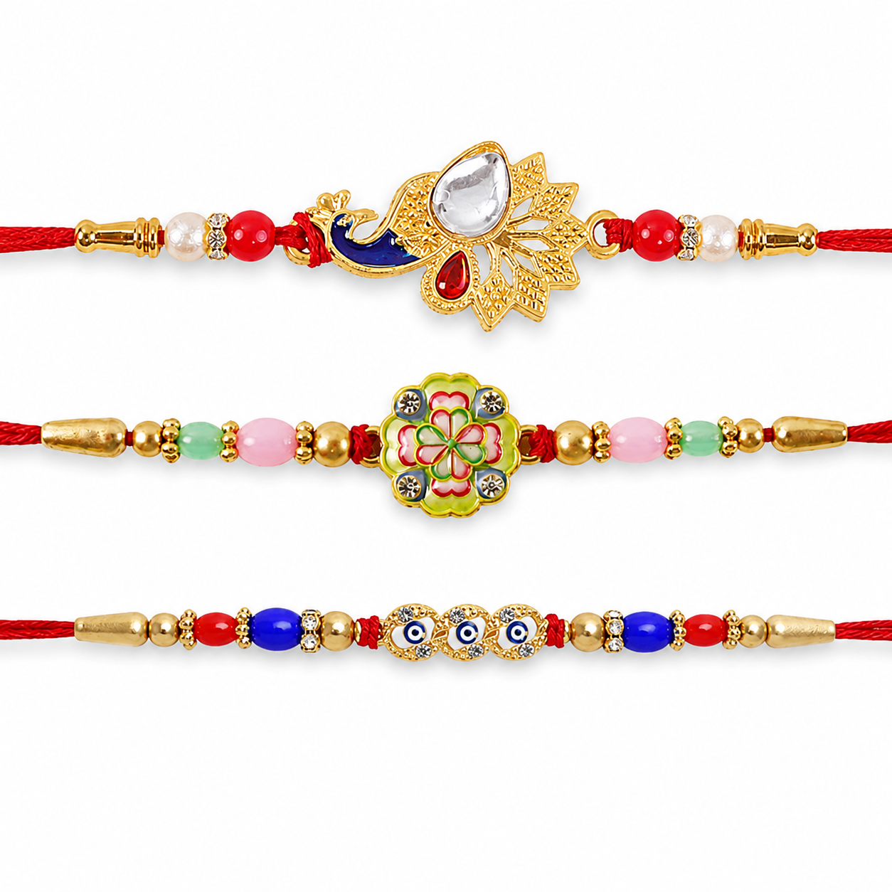 Peacock Feather, Floral Clover Charm & Evil Eye Stone Rakhi for Brother (3 Pc)