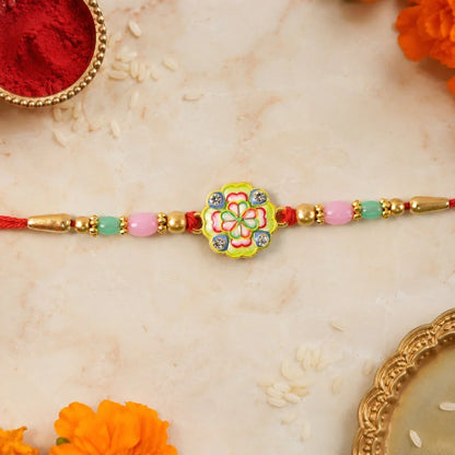 Peacock Feather, Floral Clover Charm & Evil Eye Stone Rakhi for Brother (3 Pc)